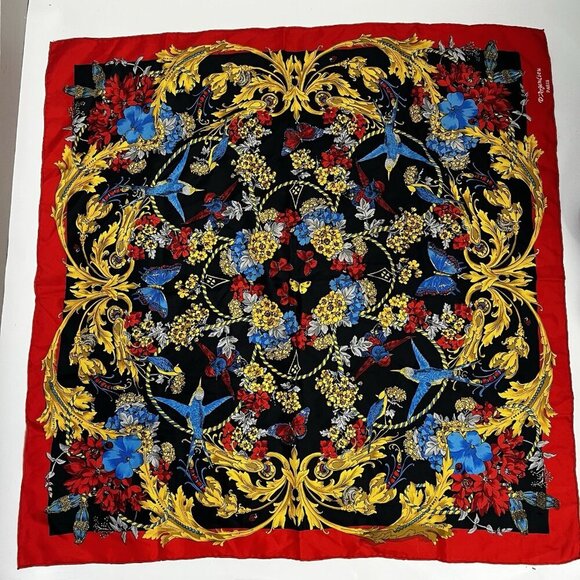 D'Argenlieu Paris silk scarf vibrant design birds butterflies Floral Vintage - Picture 9 of 9